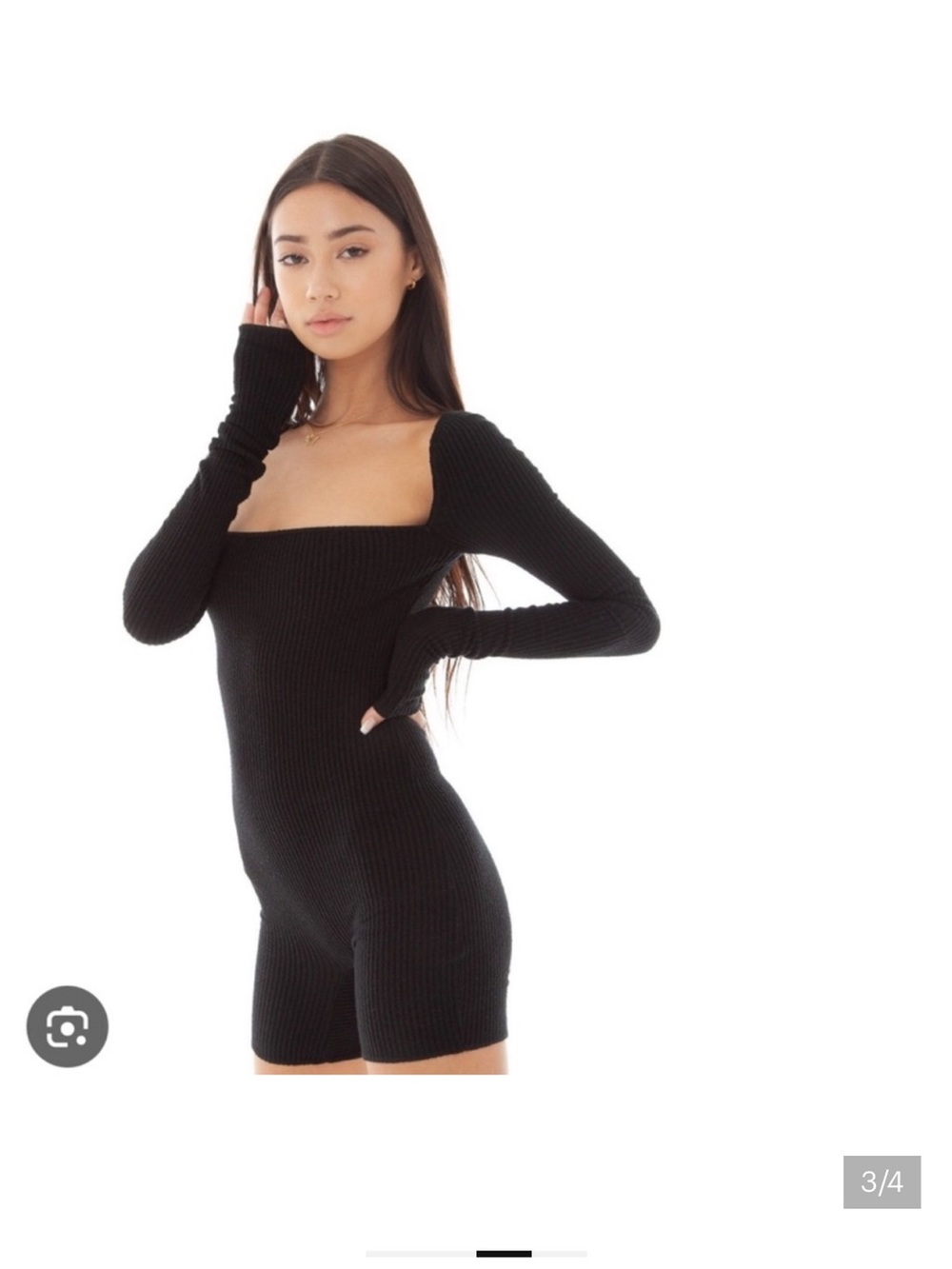 Are You Am I Black Ribbed Square-Neck Long Sleeve Romper Size XS